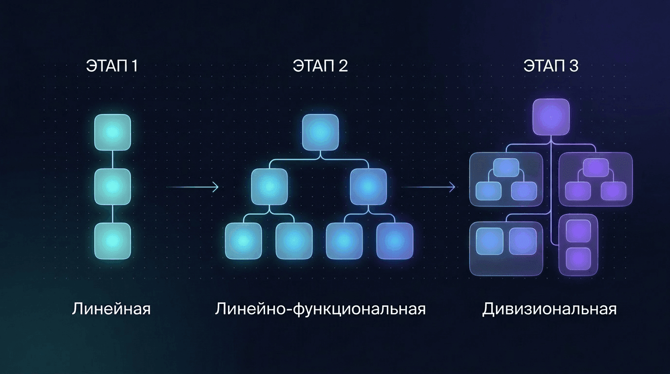Как структура меняется с ростом компании: линейная, линейно-функциональная, дивизиональная